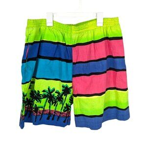 Vtg Pacific Scene Neon Striped Swim Trunks Tropical Y2K Palm Beach Men Size XL